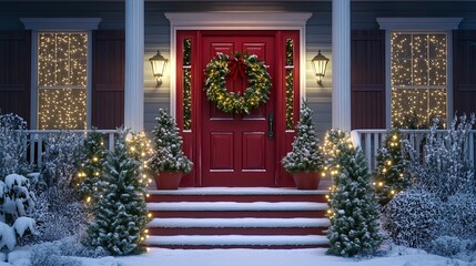 Fototapeta premium A charming home featuring a red wooden door decorated with a lush Christmas wreath, flanked by potted evergreens wrapped in string lights, with light snow on the steps for a festive feel 