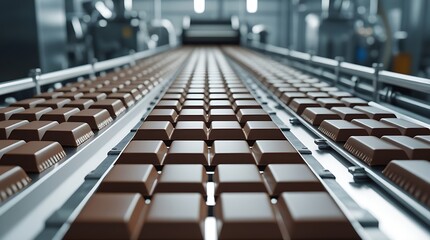 Obraz premium Chocolate bar production line inside a confectionery factory with efficient machinery, showcasing delicious treats being processed in a clean, high-tech food industry facility