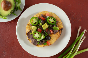 A top down view of a tostada.