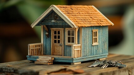 A charming tiny house model with intricate details and a cozy design, positioned next to a neatly arranged set of silver keys, representing homeownership in the compact housing market 