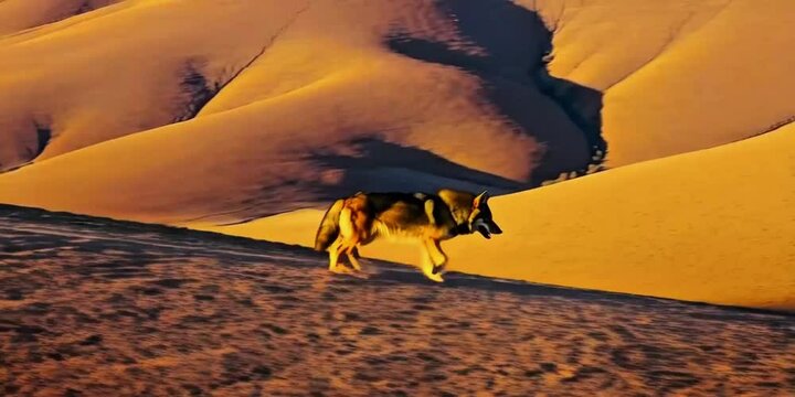 Red Wolf in the desert. Coyote silhouette walking sand dune sunrise sunset golden light rippled sand undulating dunes warm shadows wild nature predator wild pack lone howl dust clouds sun flare  