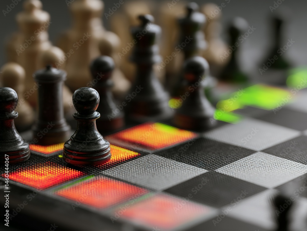 Poster close-up view of chess pieces on a board with highlighted squares.