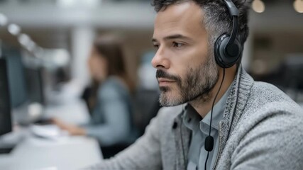 A trader with focused expression wearing headphones engaged in a virtual meeting about market trends on a computer. - Powered by Adobe