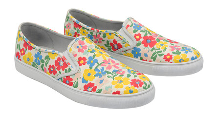 Obraz premium Colorful floral slip-on shoes displayed against a white background, perfect for casual wear in spring or summer