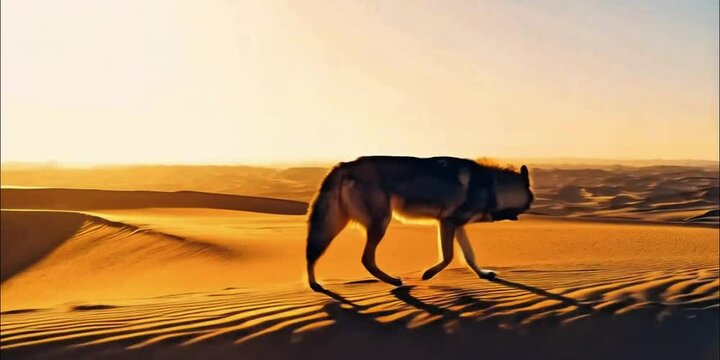 Red Wolf in the desert. Coyote silhouette walking sand dune sunrise sunset golden light rippled sand undulating dunes warm shadows wild nature