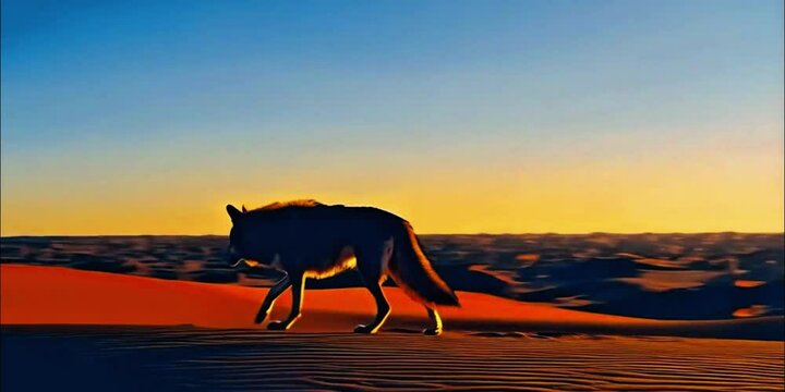 Red Wolf in the desert. Coyote silhouette walking sand dune sunrise sunset golden light rippled sand undulating dunes warm shadows wild nature predator wild pack lone howl dust clouds sun flare  