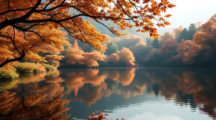 Obraz premium Serene Japanese lake reflecting autumn leaves in pixel art, 3D rendered, ultra-detailed, warm autumn colors, gentle soft light, earthy cozy feel, diffused shadows, subtle illumination