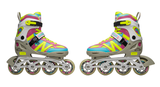 Colorful inline skates with vibrant design, positioned side by side, showcasing the wheels on a white background