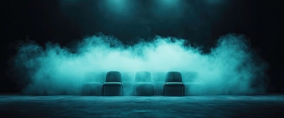 Three chairs sit center stage, lit by blue lights, with smoke billowing around