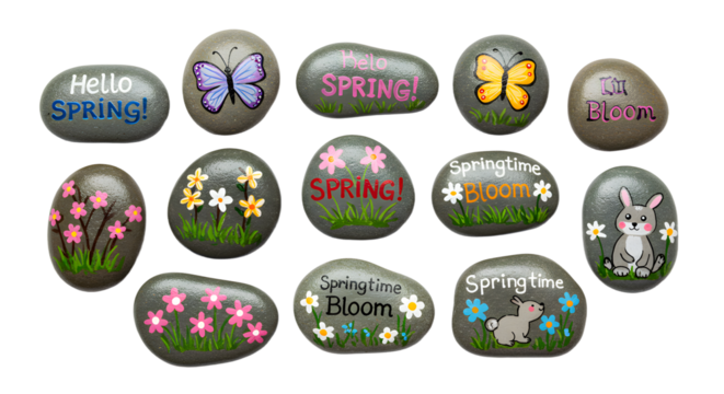 Colorful painted stones with spring themes, featuring flowers, butterflies, and a bunny, perfect for seasonal decor