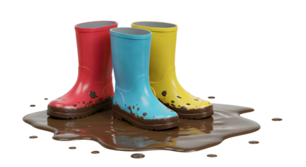 Colorful rubber boots in red, blue, and yellow splattered with mud, set against a white background, ideal for outdoor activities
