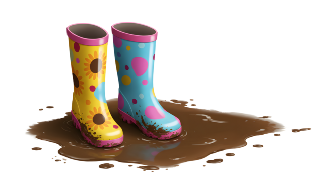 Colorful rubber boots with floral patterns standing in a puddle of muddy water, evoking a playful, rainy day atmosphere