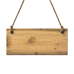 Rustic wooden sign hanging blank template brown wood 3d old aged rope cord on transparent background
