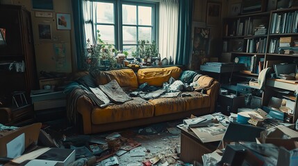 A cluttered and disorganized living room with a dirty sofa as the centerpiece, surrounded by a chaotic mess of everyday items, creating an unfiltered look at a messy home interior 