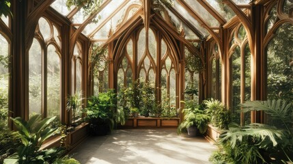 Serene Botanical Conservatory: A Sunlit Sanctuary of Plants and Wood