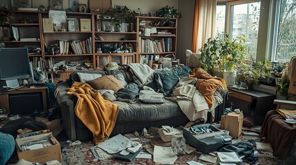 A cluttered living room with a dirty couch, random items thrown haphazardly on the floor, and an overall sense of chaos and disarray, evoking the challenges of maintaining a tidy space 