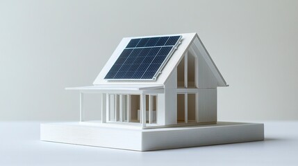 A compact and detailed house model showcasing a rooftop solar panel, symbolizing smart home technology and renewable energy, set on a white background for a minimalist appeal 
