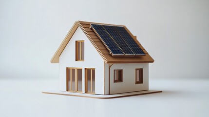 A compact and detailed house model showcasing a rooftop solar panel, symbolizing smart home technology and renewable energy, set on a white background for a minimalist appeal 