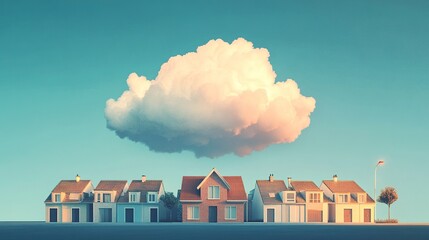 A conceptual image of a dream cloud above a cozy house, with a contrasting row of rental apartment doors below, visually representing the path from renting to owning your own home 