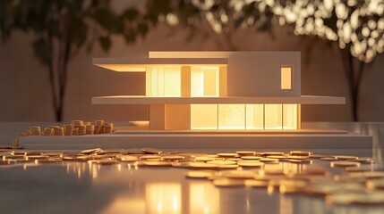 A conceptual image of a house model surrounded by coins, illustrating wealth accumulation through property investment, with a clean background enhancing the minimalist design 