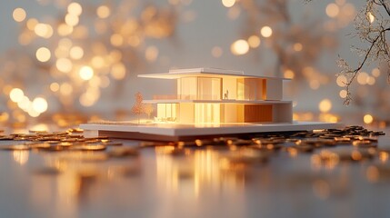 A conceptual image of a house model surrounded by coins, illustrating wealth accumulation through property investment, with a clean background enhancing the minimalist design 