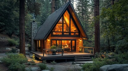 A contemporary A-frame cabin with sleek wooden paneling and large windows, glowing warmly in the fading light of dusk, surrounded by dense woodland for a serene escape 