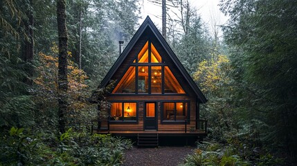 A contemporary A-frame cabin with sleek wooden paneling and large windows, glowing warmly in the fading light of dusk, surrounded by dense woodland for a serene escape 