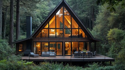 A contemporary A-frame cabin with sleek wooden paneling and large windows, glowing warmly in the fading light of dusk, surrounded by dense woodland for a serene escape 