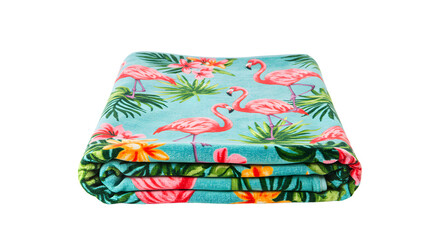 Colorful tropical blanket featuring flamingos and floral patterns, perfect for beach outings or home decor