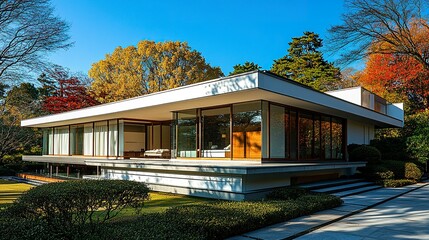 A contemporary detached house featuring white walls, a flat roof, and large glass panels, set against a clear blue sky with subtle landscaping for a balanced and polished design 