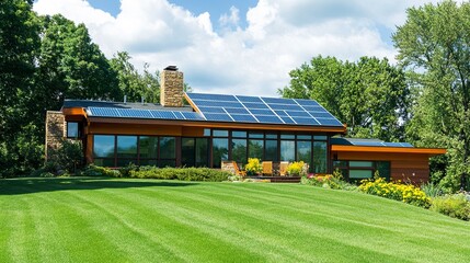 A contemporary family home with solar panels seamlessly integrated into its roof design, producing clean energy on a sunny day, framed by a lush green yard and a bright sky 