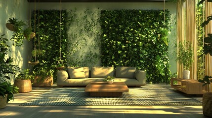 A contemporary eco-conscious interior with a clean design, sustainable furniture, hanging planters, and a bamboo coffee table, blending functionality and greenery seamlessly 