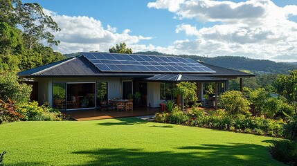 A contemporary family home with solar panels seamlessly integrated into its roof design, producing clean energy on a sunny day, framed by a lush green yard and a bright sky 
