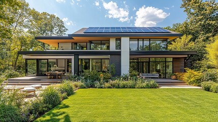 A contemporary family home with solar panels seamlessly integrated into its roof design, producing clean energy on a sunny day, framed by a lush green yard and a bright sky 