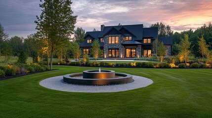 A contemporary farmhouse with a spacious green lawn, a minimalist stone fountain as a focal point, and garden lights casting a warm glow, blending modernity and rustic charm 
