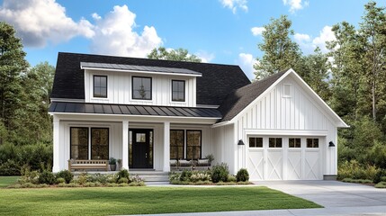A contemporary farmhouse with crisp white board and batten siding, a warm white oak front door, and a covered porch, complemented by black-framed windows and a matching garage door 