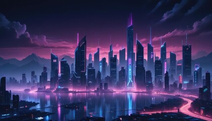 Futuristic cityscape at twilight, vibrant neon lights reflecting on water