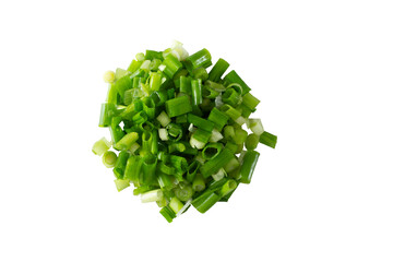 A top down view of a pile of chopped scallion, against a white background.