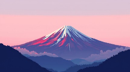 Fototapeta premium Retro-styled pixel art depicting Mount Fuji. The colors are surreal infrared tones, with gentle color contrasts creating an enchanting, otherworldly atmosphere, reminiscent of a dream