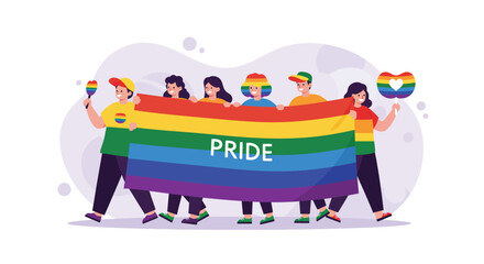Obraz premium Diverse group celebrating pride with rainbow flag and colorful attire in inclusive parade illustration 