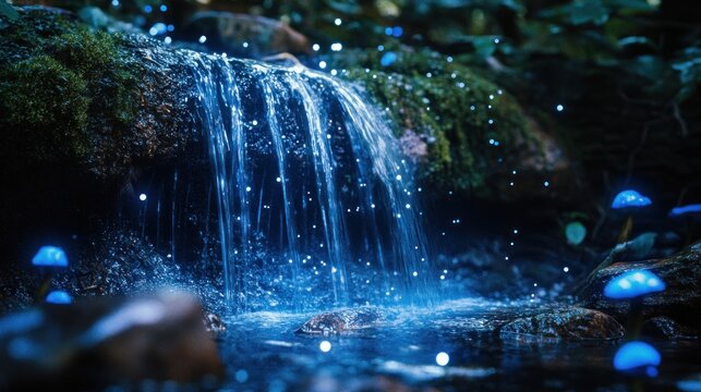 Enchanted waterfall cascading amidst bioluminescent flora at night