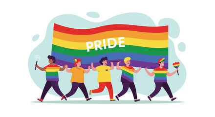 Fototapeta premium Diverse Group of People Celebrating Pride with Rainbow Flag and Colorful Clothing in Parade Vector Illustration 
