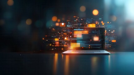 Obraz premium Digital data flow visualization online workspace infographic modern environment close-up technology concept