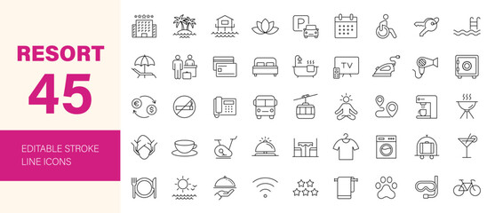 Resort icon set. Containing travel, tourism, hotel, beach, wellness, landscape, hotel service, vacation and more. Editable line icons. Vector illustration.	