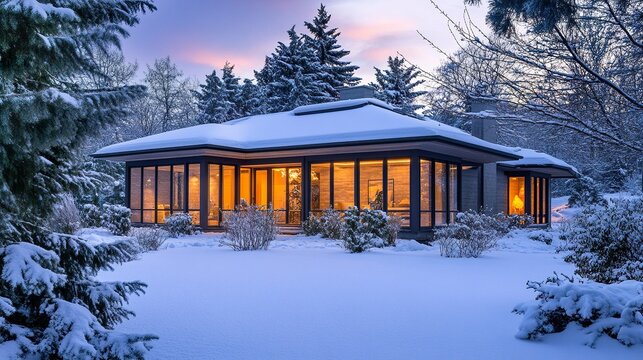 A contemporary house with clean lines and a snow-laden roof, its large windows glowing warmly amidst a peaceful snowy landscape, blending modernity with winter's natural beauty  - Powered by Adobe