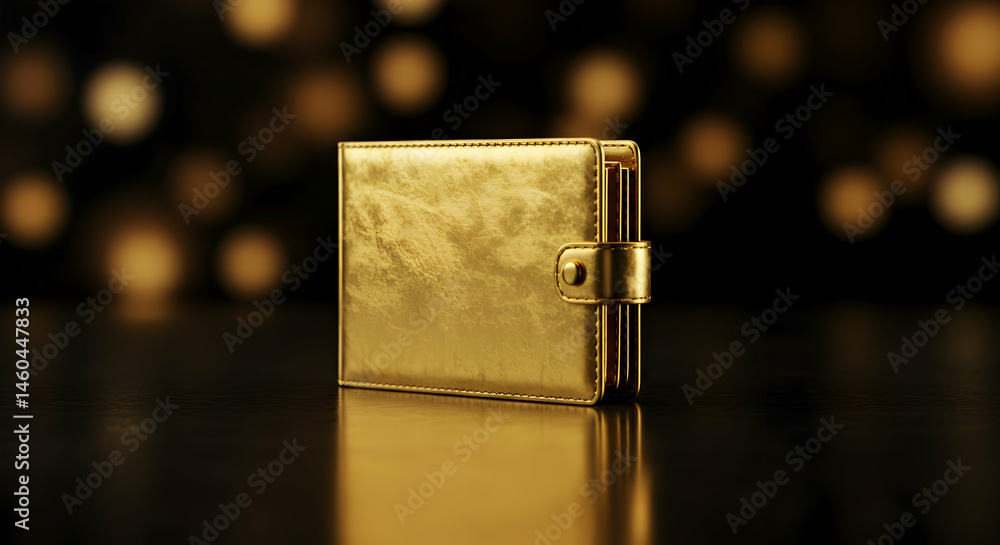 Poster shiny golden wallet on reflective surface with bokeh background