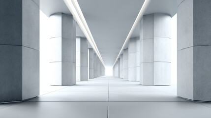 3D render of an empty, modern white concrete corridor with abstract columns