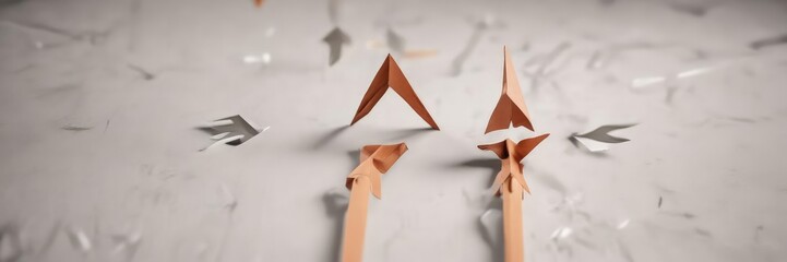 Paper arrows pointing left and right, symbolizing a critical decision , binary, fork in the road