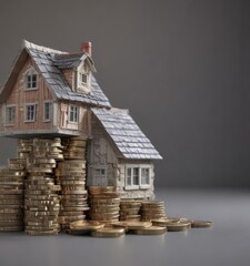 Small house model on stack of coins; home loan concept ,  white background,  affordable housing