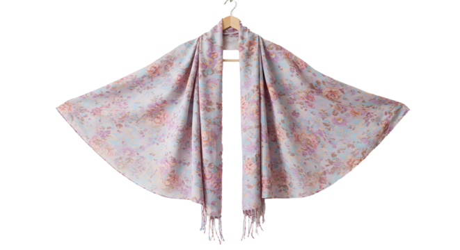Elegant floral-patterned shawl draped on a hanger, showcasing its soft texture and vibrant colors against a clean background